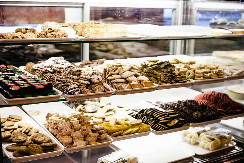 trays of cakes in a shop